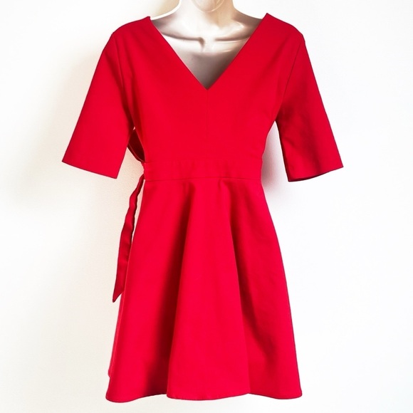 Zara V Neck Solid Red Wrap Mini Dress Short Sleeve Extra Small Sash Tie - Picture 4 of 10